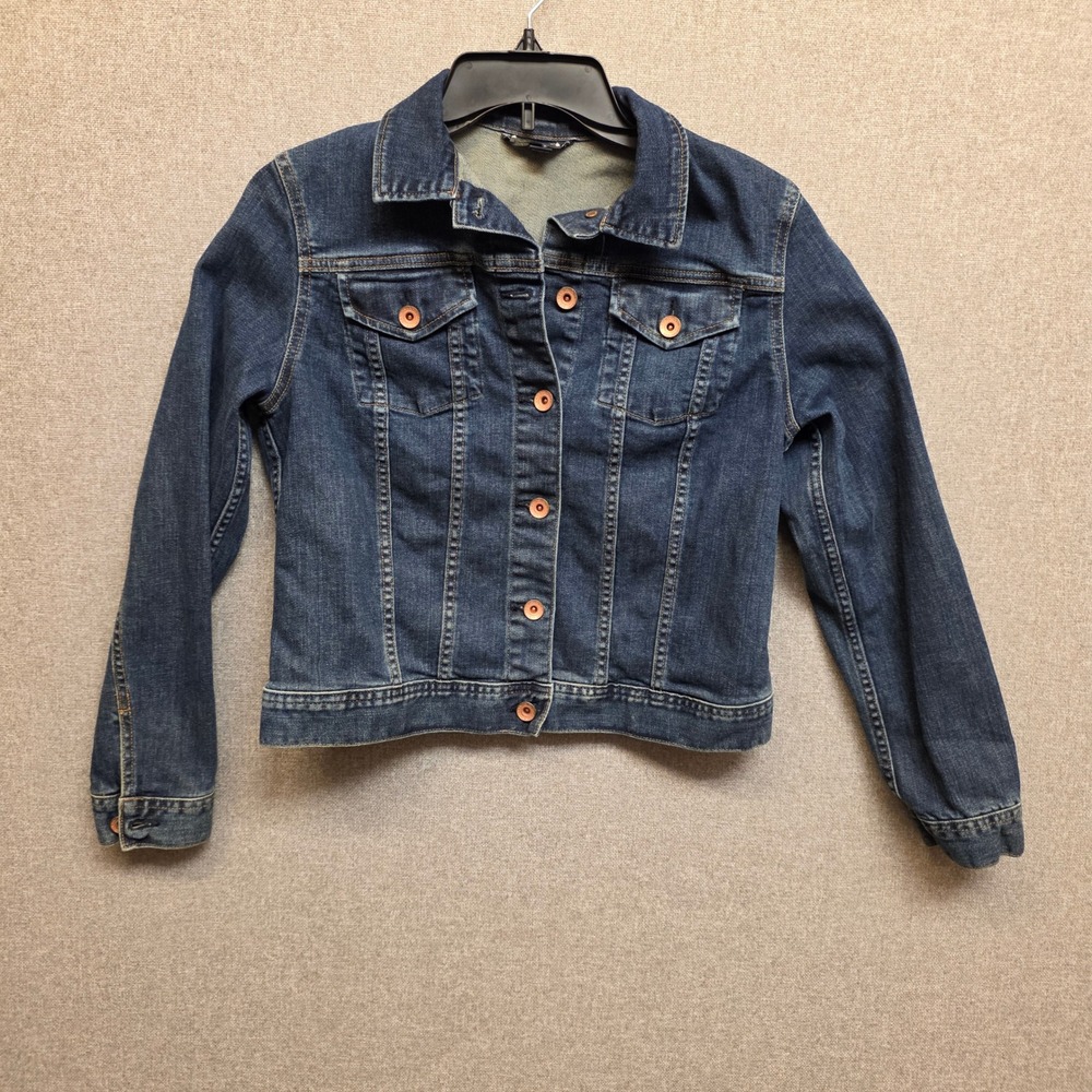 Lands End Womens Denim Trucker Jacket Dark Wash Blue Size S 6-8 Button Up